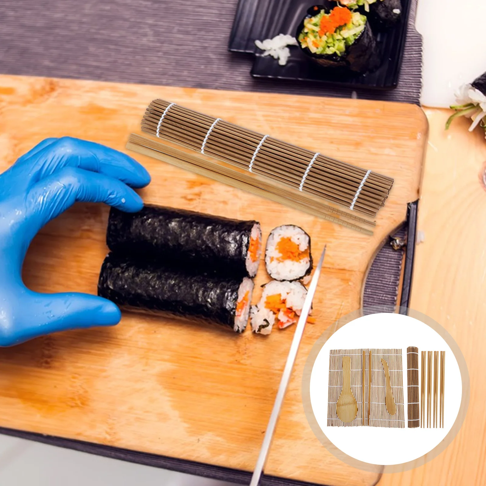 

9Pcs Sushi Making Set Bamboo Mat Paddle Rice Scoop Spreader Durable Sushi Tools for Beginners Family Dinner Snack Chopsticks
