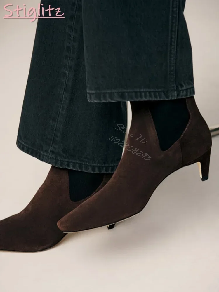 Retro Suede Chelsea Boots Low Heel Solid Pointed Stiletto Ankle Socks Boots Slip-on 2025 Autumn New Office Lady Fashion Shoes