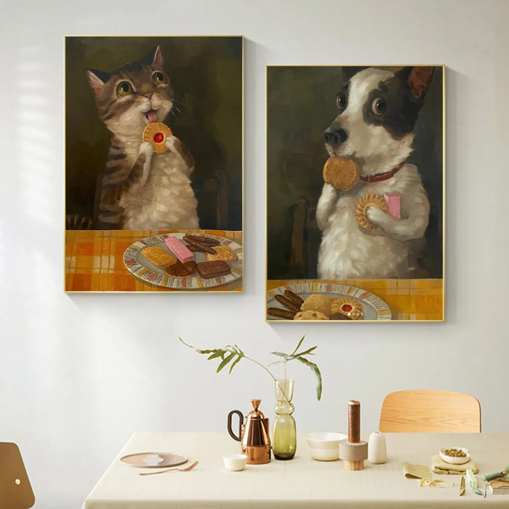Funny Vintage Art Prints Cute Dog Eat Snacks Poster Retro Animal Wall  Cat Have Cookie Cake Canvas Painting For Living Room