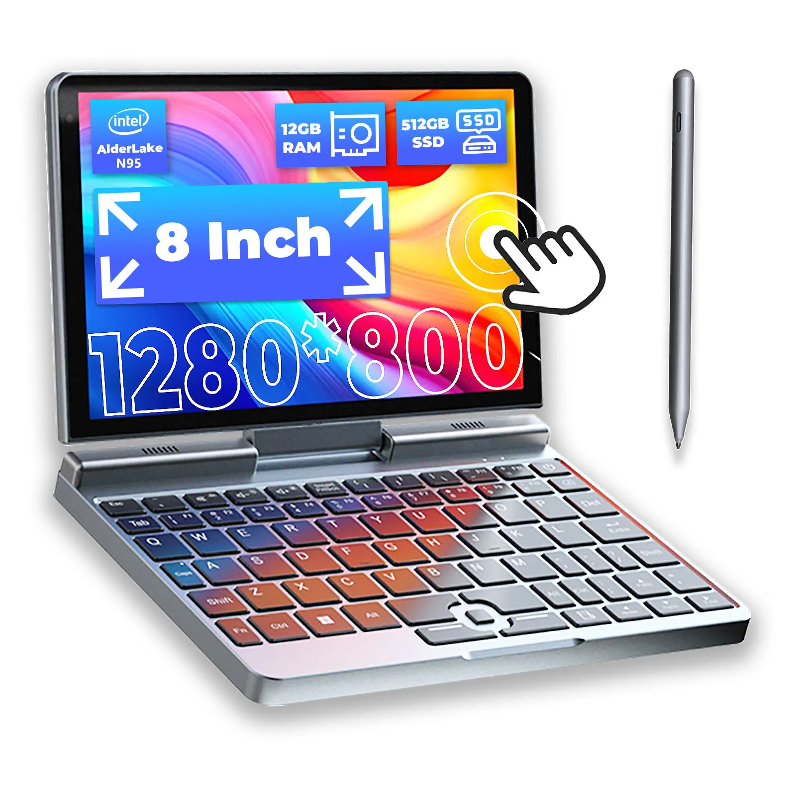 8 Inch Windows 11 Pro Mini PC Touch Screen N95 CPU 12GB RAM IPS Display Small Portable Laptop Computer