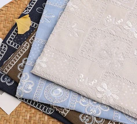 Free shipping  High Cotton Linen Embroidery Stranded Thread Sequin Embroidery Fabric Denim Fabric