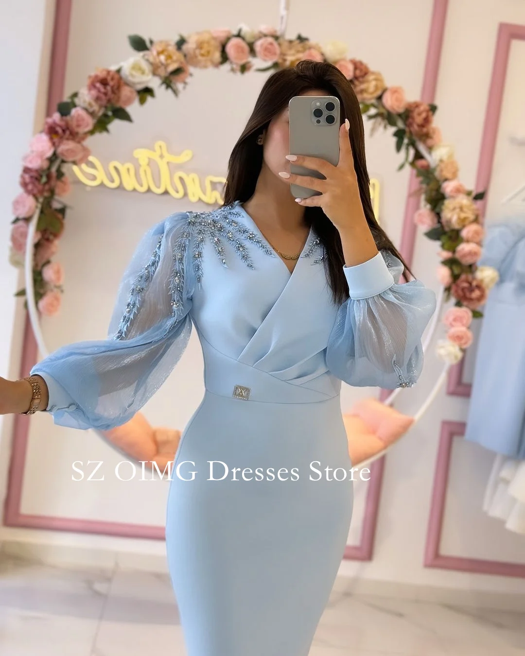 OIMG 2024 New Summer Women\'s Maxi Sky Blue Crepe Satin Prom Dress Customized Fashion Celebrity V-Neck Short Party Dress