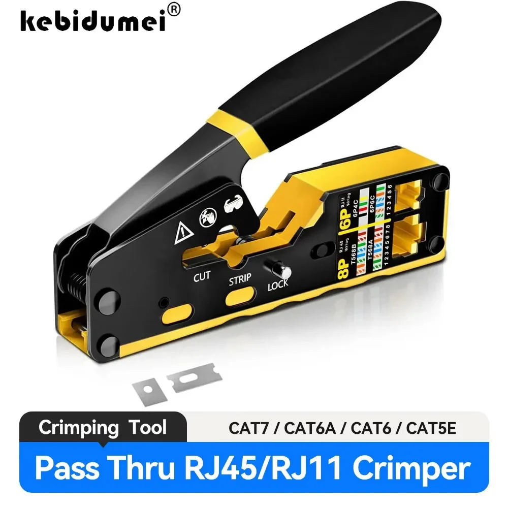เครื่องมือเข้าหัวสาย RJ45 แบบ Pass Through สำหรับสาย Cat6 Cat5 Cat5e พร้อมใบมีดสำรอง