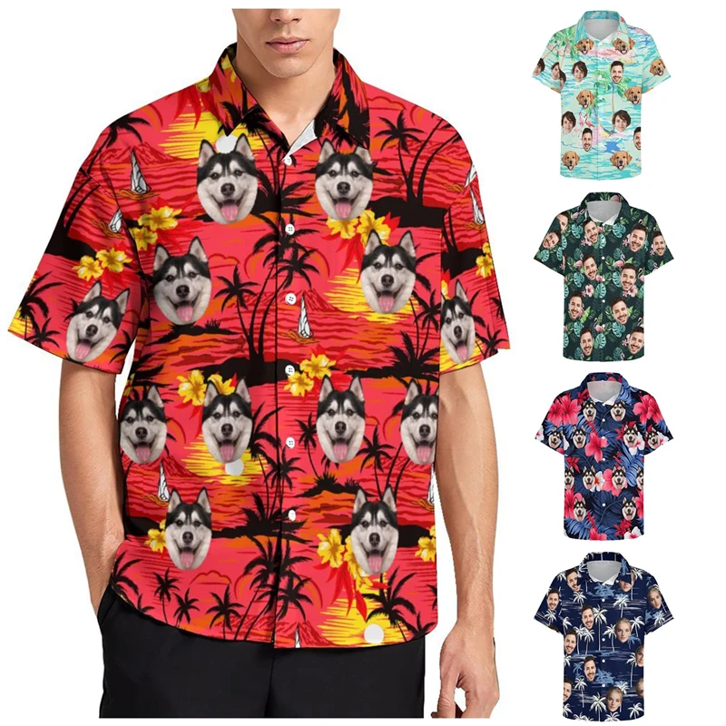 Funny Custom Face Pet Couple Hawaiian Shirt Summer Fashion Personalized 3D Printed Shirt Casual Oversized Unisex DIY Blouses