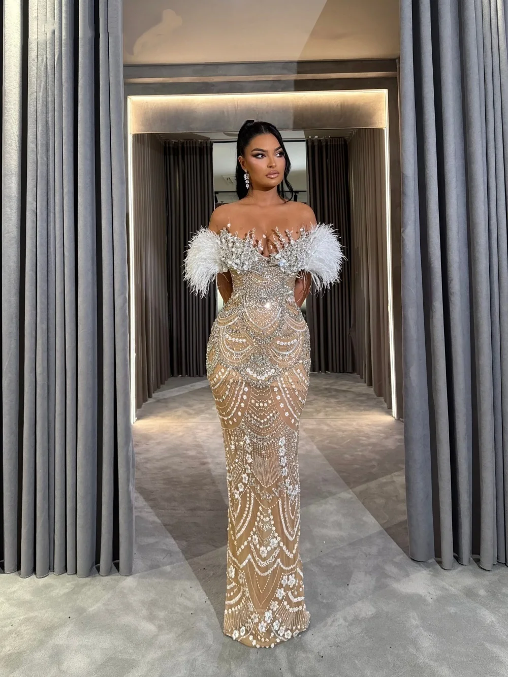 Luxury Evening Dresses Feather Beading Prom Dress Rhinestone Off Shoulder See Through Mermaid Party Gowns Vestidos De Noche