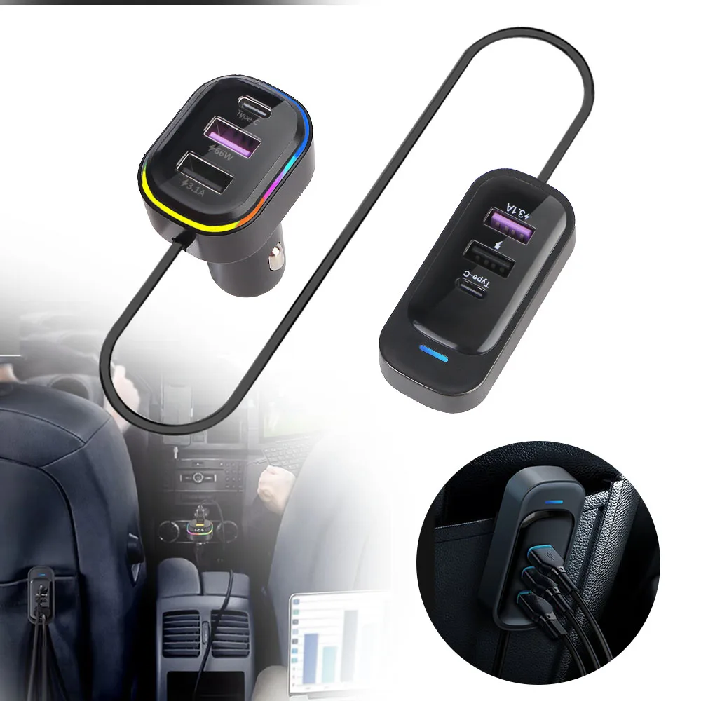 USB Interface Type-C Extension 66W Car Charger Rear Mobile Phone Charging PD QC3.0 Multifunctional Super Fast Charging