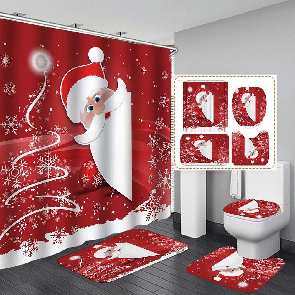 Christmas Bathroom 4Pcs Set Snowman Santa Claus Pattern Waterproof Shower Curtain Toilet Cover Mat Non Slip Bath Rug Home Decor