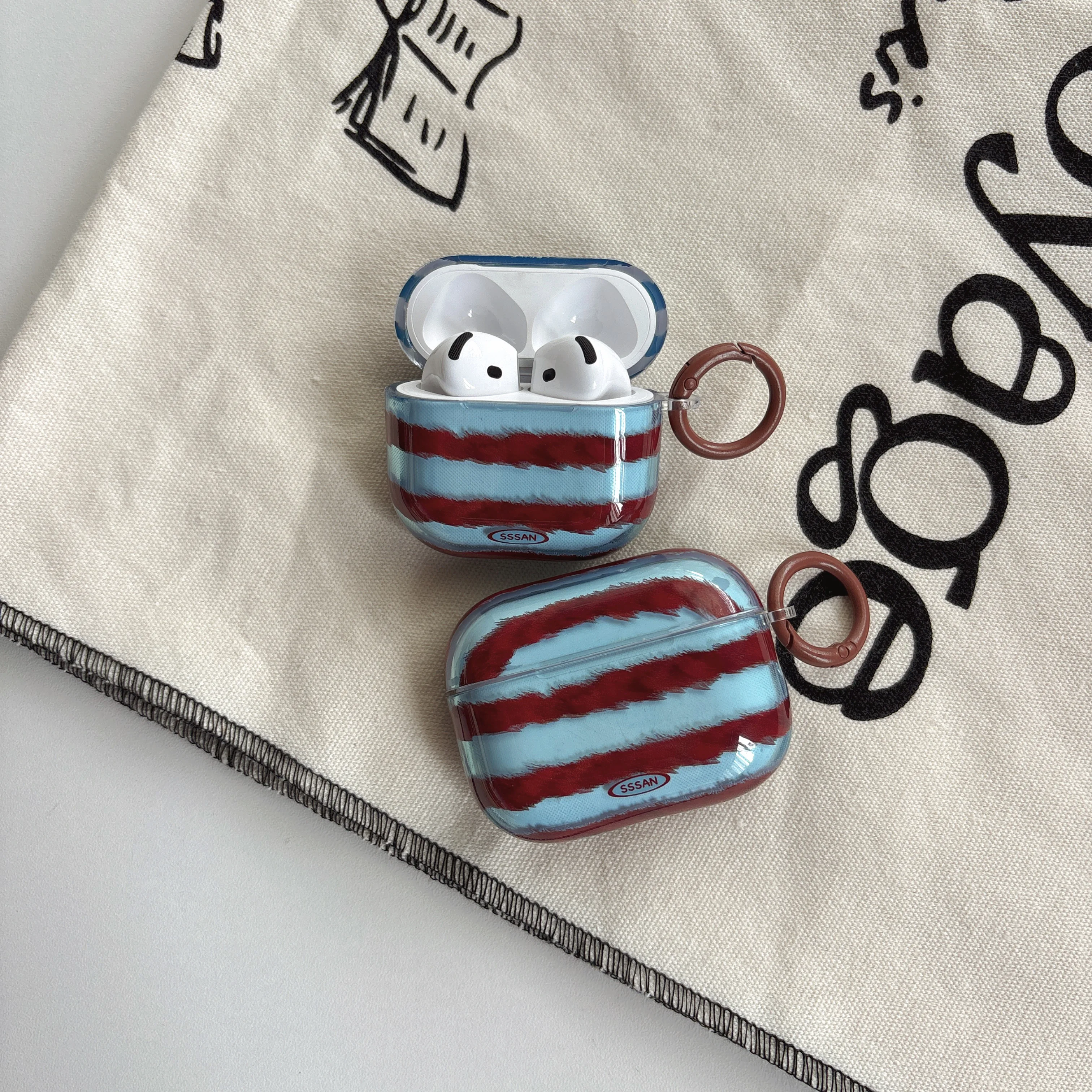 Retro Fashion Red-Brown Fuzzy Stripe Texture Transparent Blue Glossy Protective Earphone Case Cover for AirPods 1 2 3 4 Pro Pro2