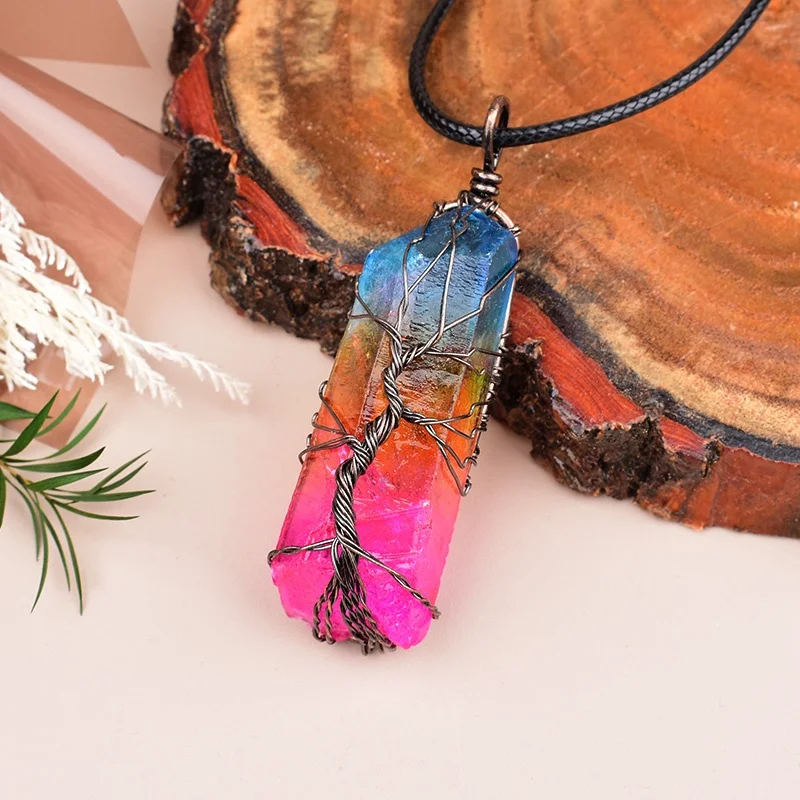 Tree of Life Wire Wrapped Rainbow Crystal Ornaments Natural Quartz Hexagonal Point Healing Energy Stone Decoration Gift