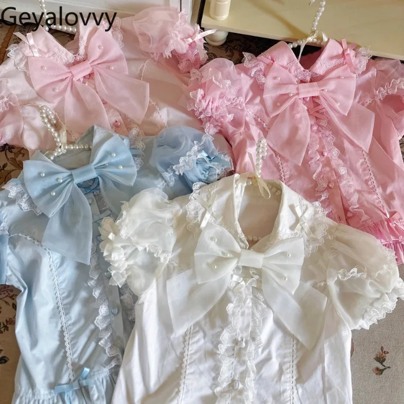 

Lolita Summer Bow Lace Short Sleeve Shirt Versatile Doll Collar Single Breasted Blouse Sweet Cute Girls Slimming Tops