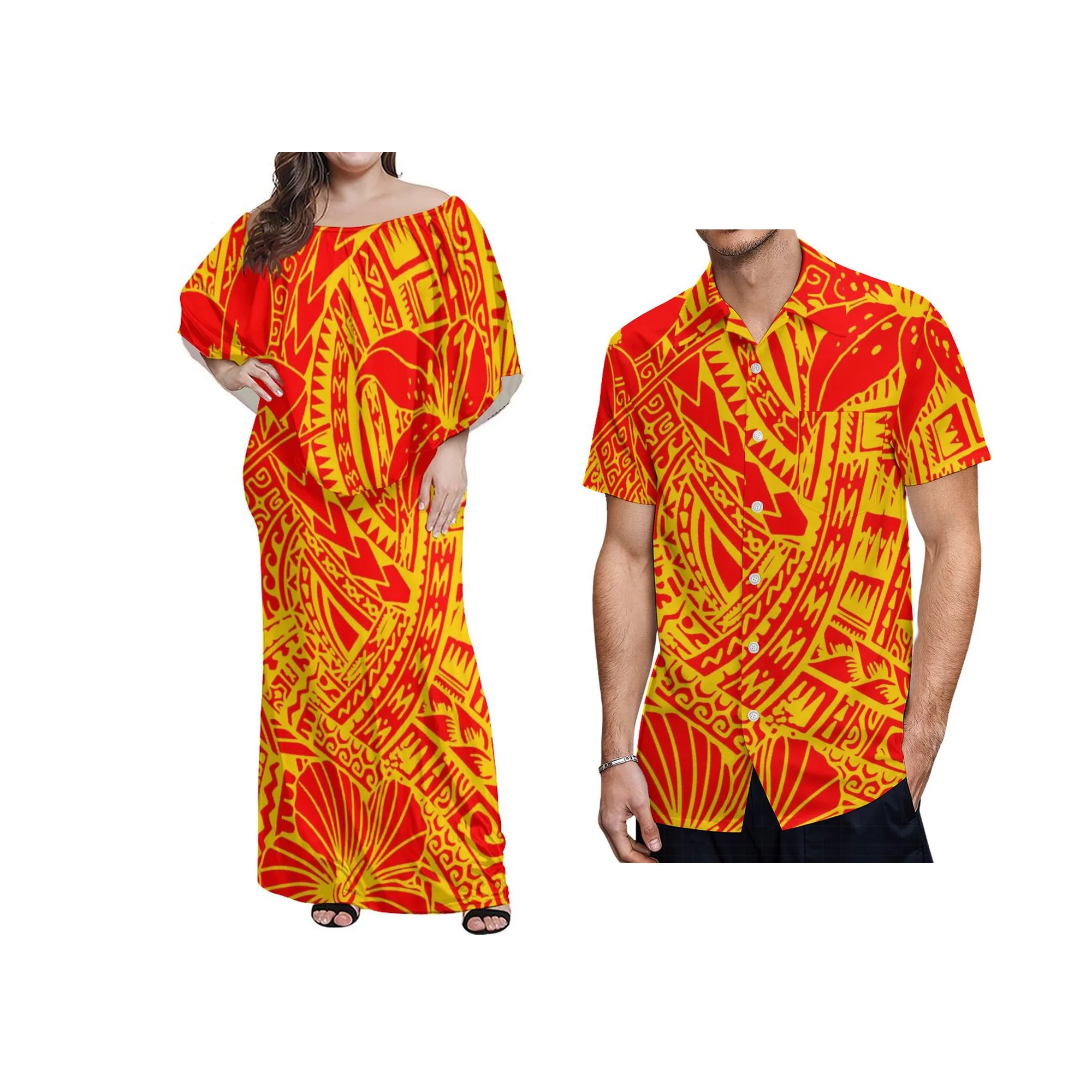 Nova qualidade personalizada roupas femininas polinésia tribal impressão em camadas plissado fora do ombro meio ombro vestido plus size