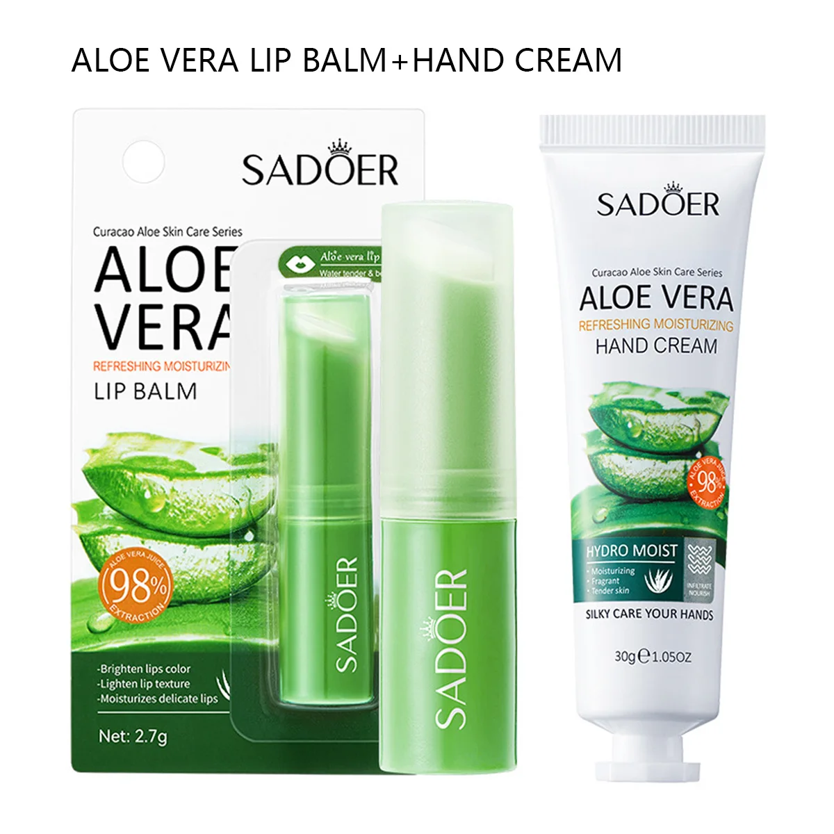 Aloe Vera Lippenbalsam + Handcreme, trockene Haut, feuchtigkeitsspendender Lippenstift, Handcreme, kompakt und tragbar, hält die Haut feucht und glänzend zu allen Zeiten