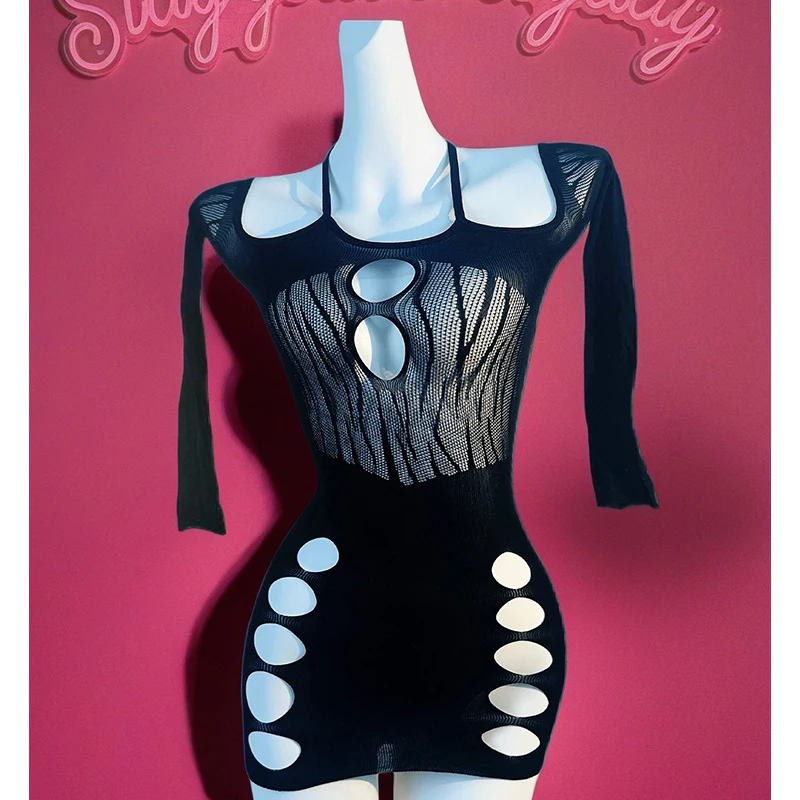 1PC 女性網タイツカバーアップビキニなしセクシーなランジェリーシースルー中空ボディコンドレス長袖ビーチウェア DS074