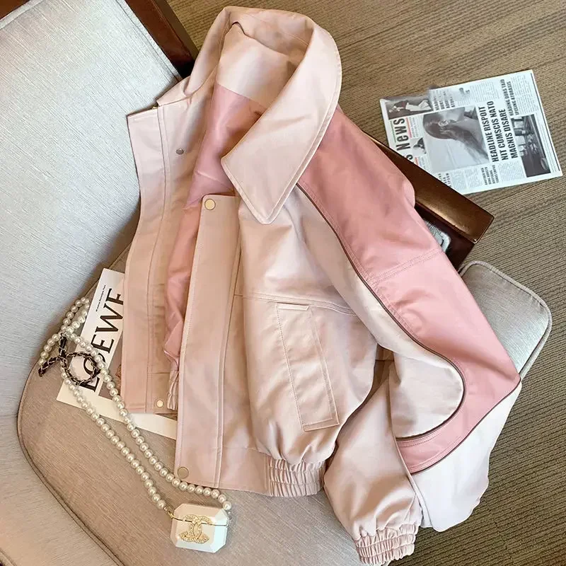 Miiiix Design Inspired Pink Casual Leather Jacket for Women's 2024 Spring New Loose Fitting American Retro Motorcycle Jacket