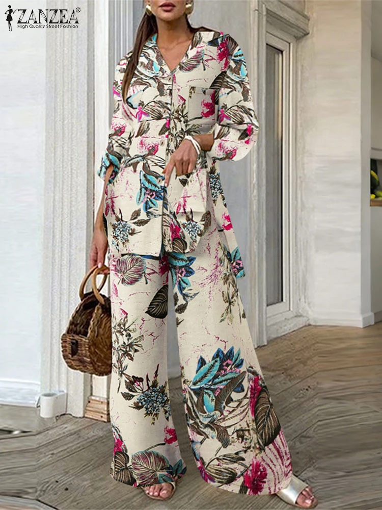 

ZANZEA 2025 Women Pant Sets Autumn Cotton Print Vintage Long Sleeve Shirts Wide Leg Pants Outfit Casual OL Suits Oversized Sets