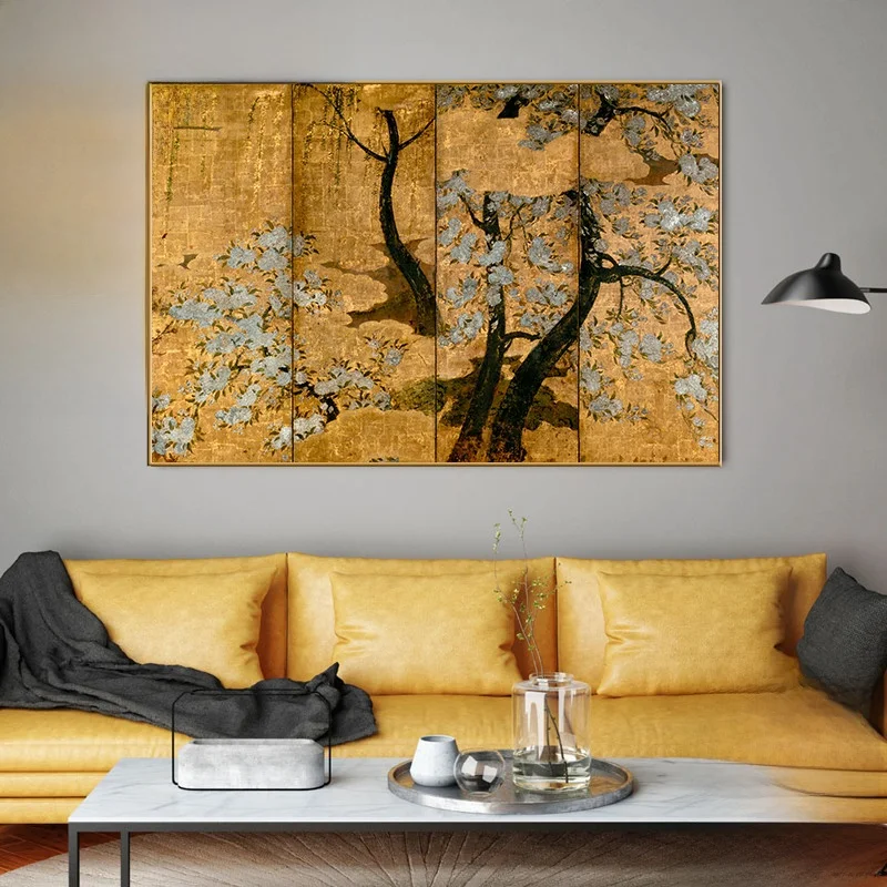 

Современная китайская художественная декоративная картина с узорами вишни, сливы и ивы для гостиной, без рамы, на холсте, масляная печать