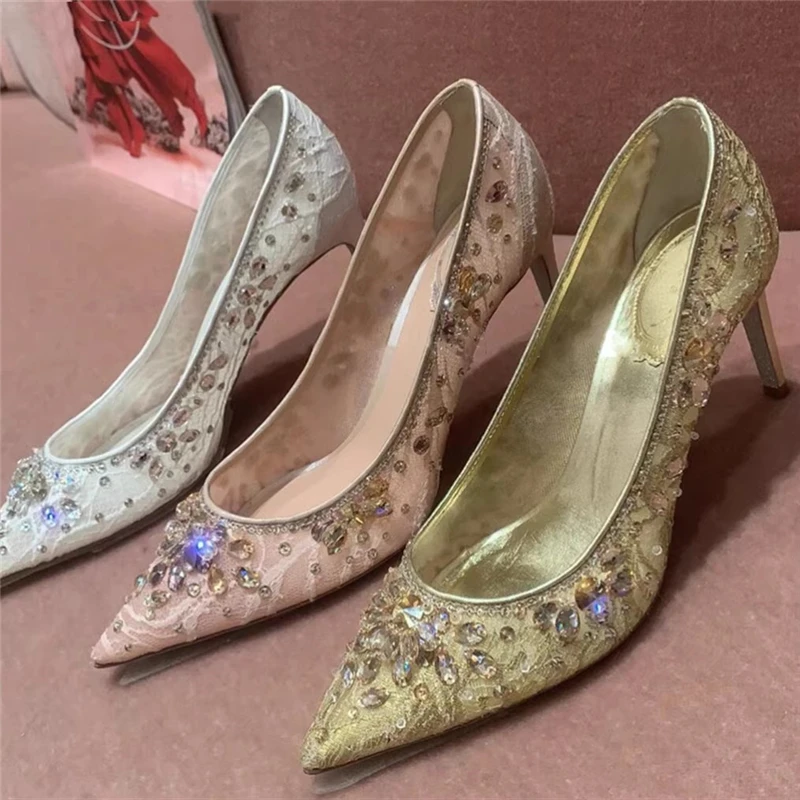 

Spring new pointed shallow-mouth crystal lace low-heeled wedding shoes high-heeled rhinestone banquet dress versatile women shoe
