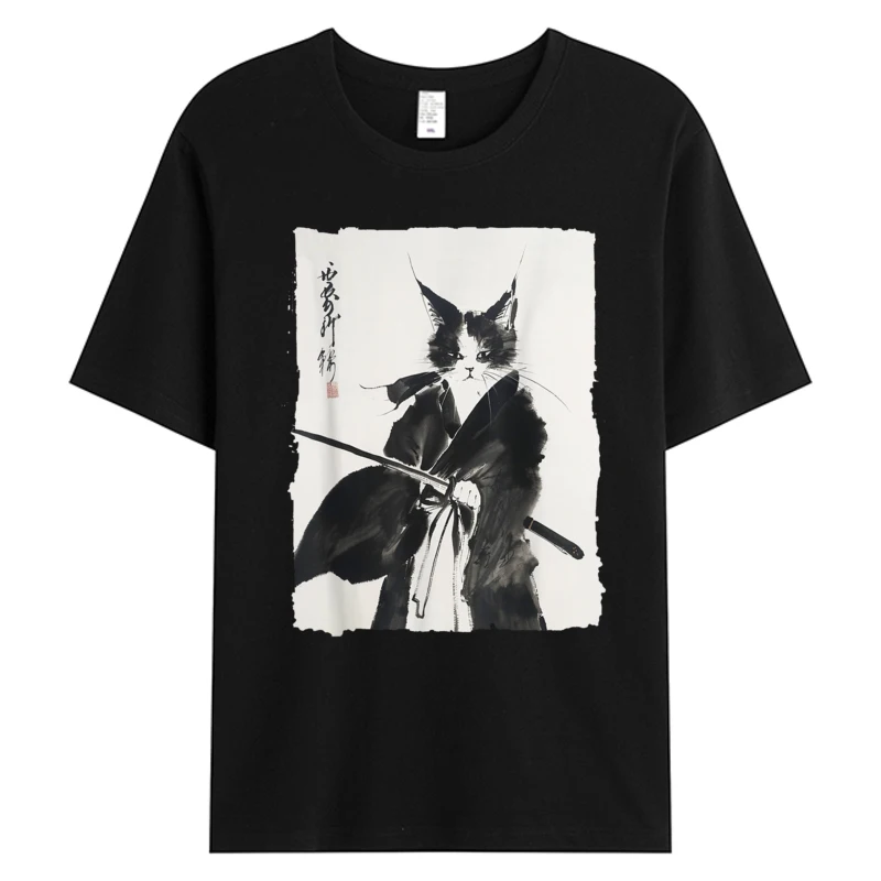 

Samurai Cat Vintage Ukiyo-E Warrior Arts Tshirt Graphic Cat Art Tee Men's Cotton Fabric Monday Hot Sell Graphic T-Shirts