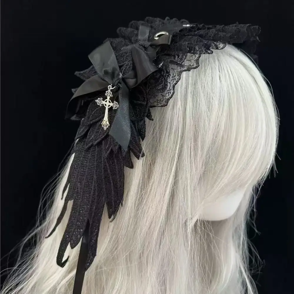 

Sweet Spicy Girl Lolita Wings Lace Headband Y2k Rivet Cosplay Headdress Hair Accessories Black Lolita Hair Clip Girls