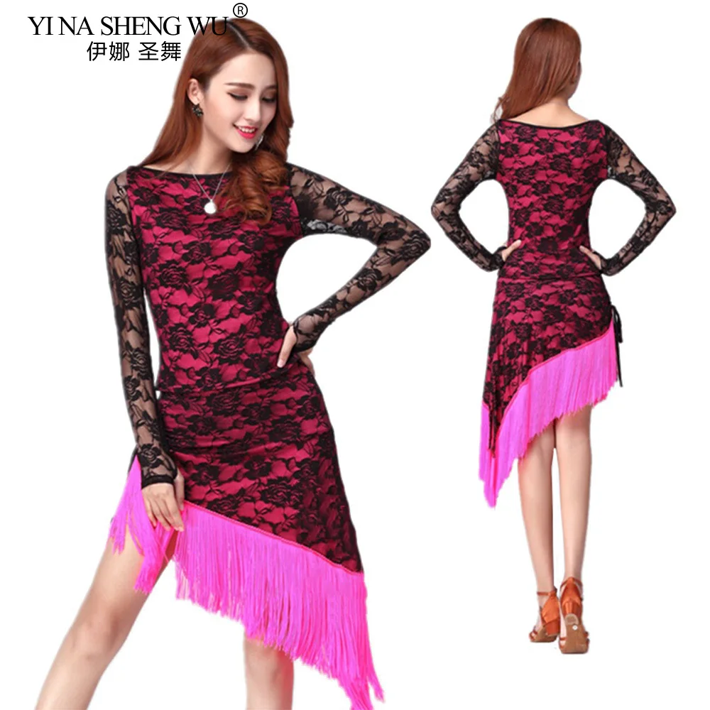 2 قطعة مجموعات فستان رقص اللاتينية شرابة أنيقة مثير المرأة التانغو السالسا اللاتينية أزياء رقص الدانتيل شرابة المرقعة Dancewear أعلى + تنورة