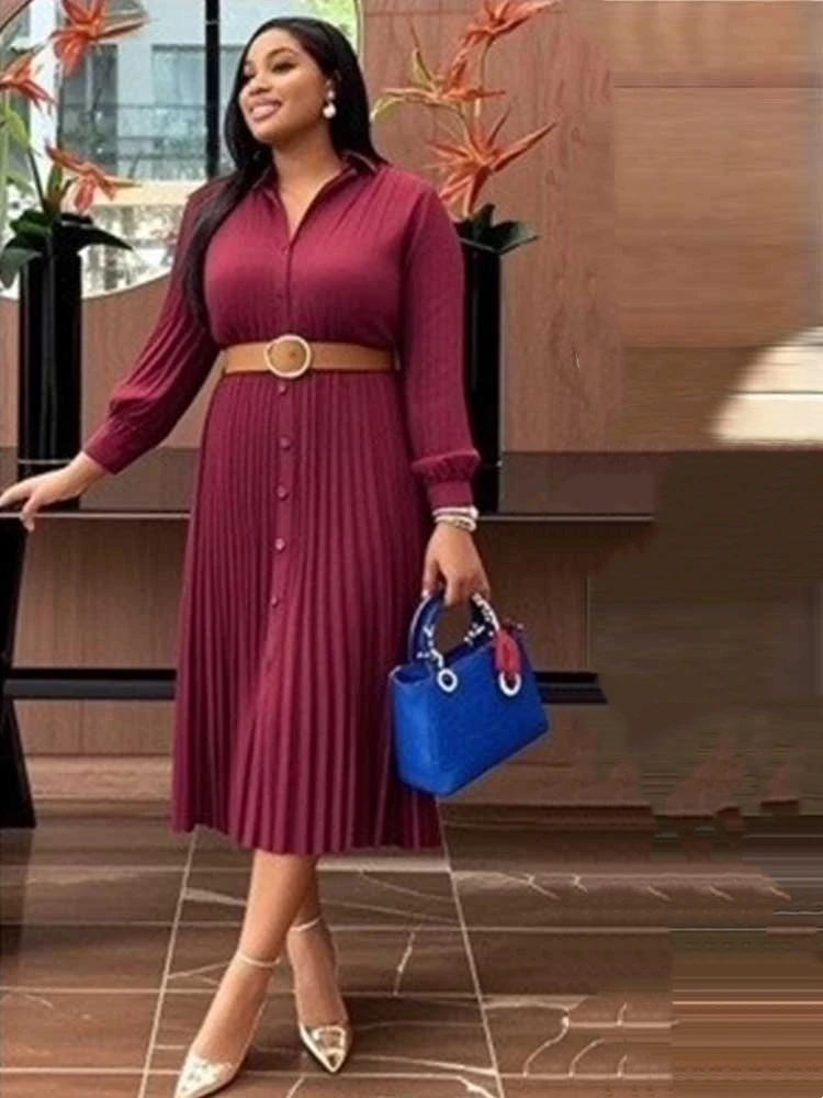 Chic Kleid Elegante Frau Herbst Kleidung Langarm Plissee Kleid mit Gürtel Licht Mid-länge Kleid Großhandel Dropshipping