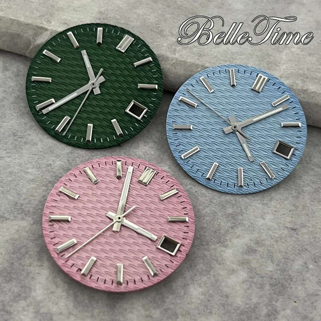 28.5mm  Wave Textured Watch Dial + Hands Green Luminous Watch Replacement Accessories Fit  NH35 NH36 Movement - view 4