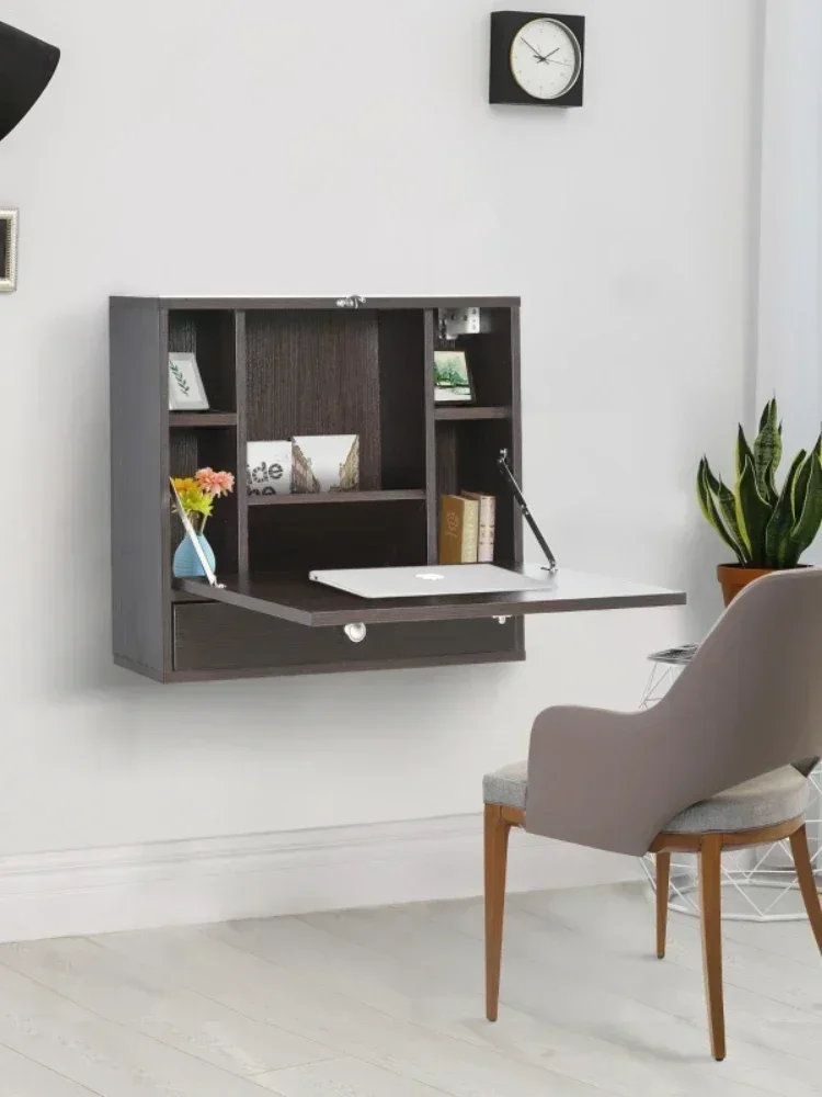 Wall Mounted Desk with Storage Shelves, Floating Desk with Foldable Tabletop, Space Saving Computer Writing Table, Coffee