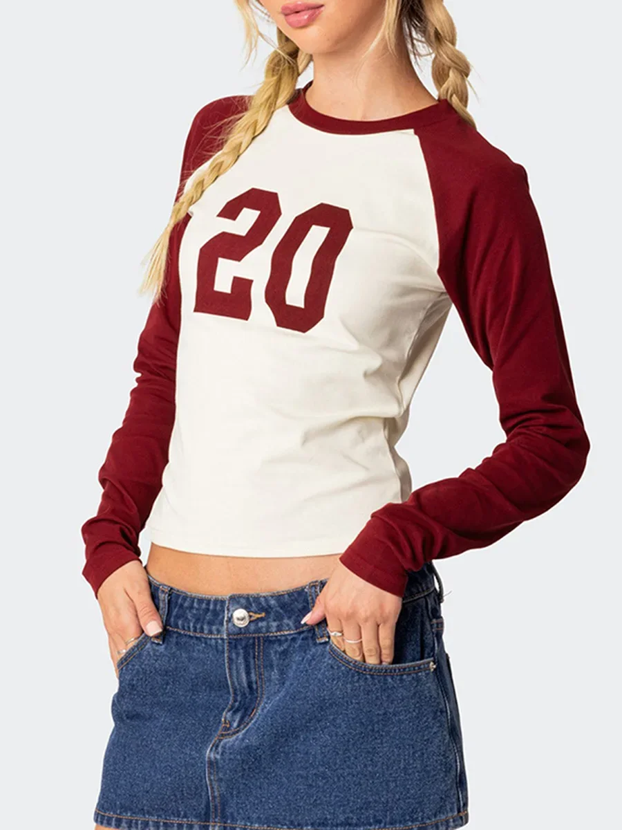 Primavera e outono camiseta feminina de manga comprida com impressão digital contrastante em torno do pescoço camisa, ajuste fino casual street wear topo