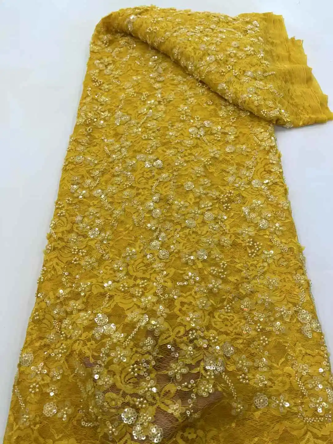 

Luxury Yellow Lace Sequins Beaded Tulle Lace Fabric For Wedding 2025 New Design French African Tulle Mesh Lace For Evening Dress