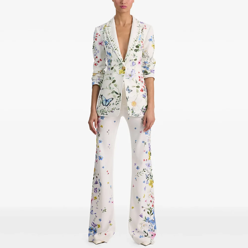 

High Quality Newest 2026 Designer Runway Suit Sets Women's Brilliant Butterfly Printed Jacket Flare Pants Suits 2 pcs ropa mujer