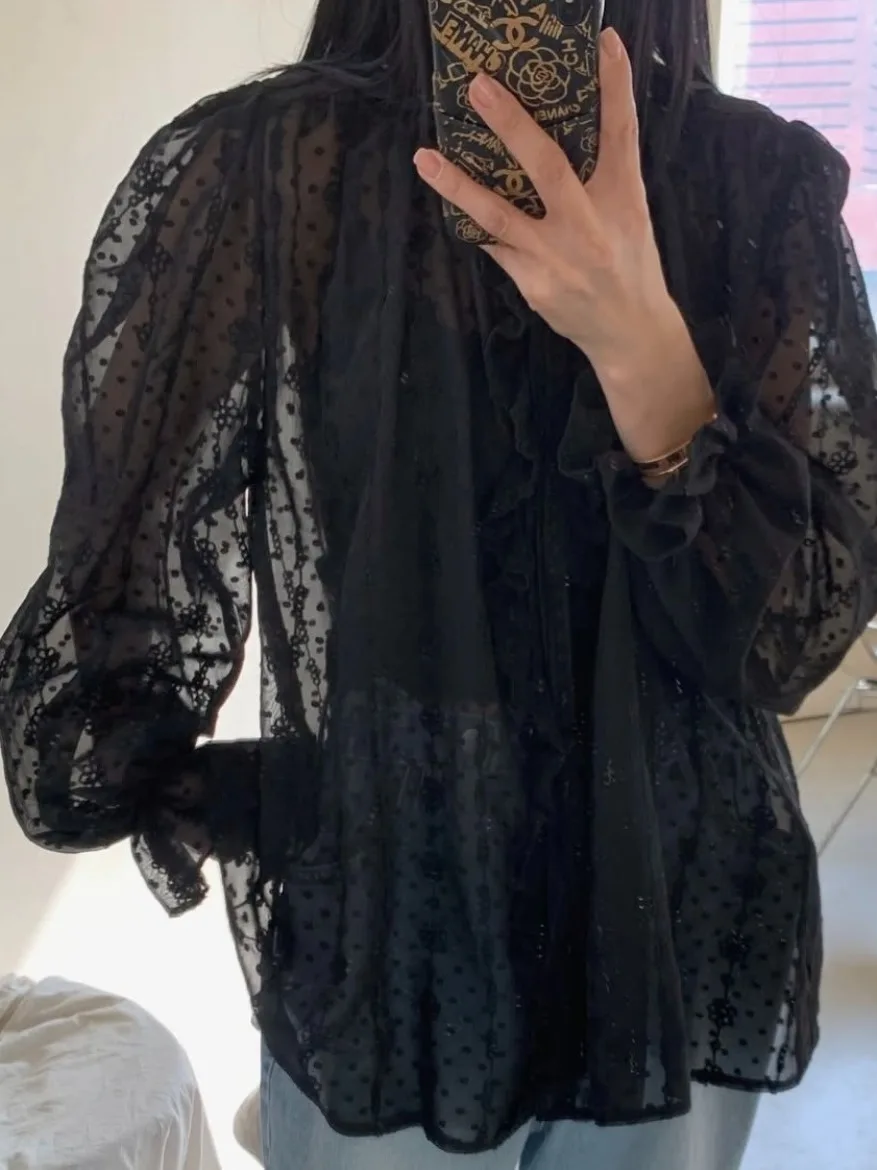 

Ele Sweet Stand Collar Long Sve irt Women's Faionable Splice Wood ain Lace Drifting Belt Premium Feeling