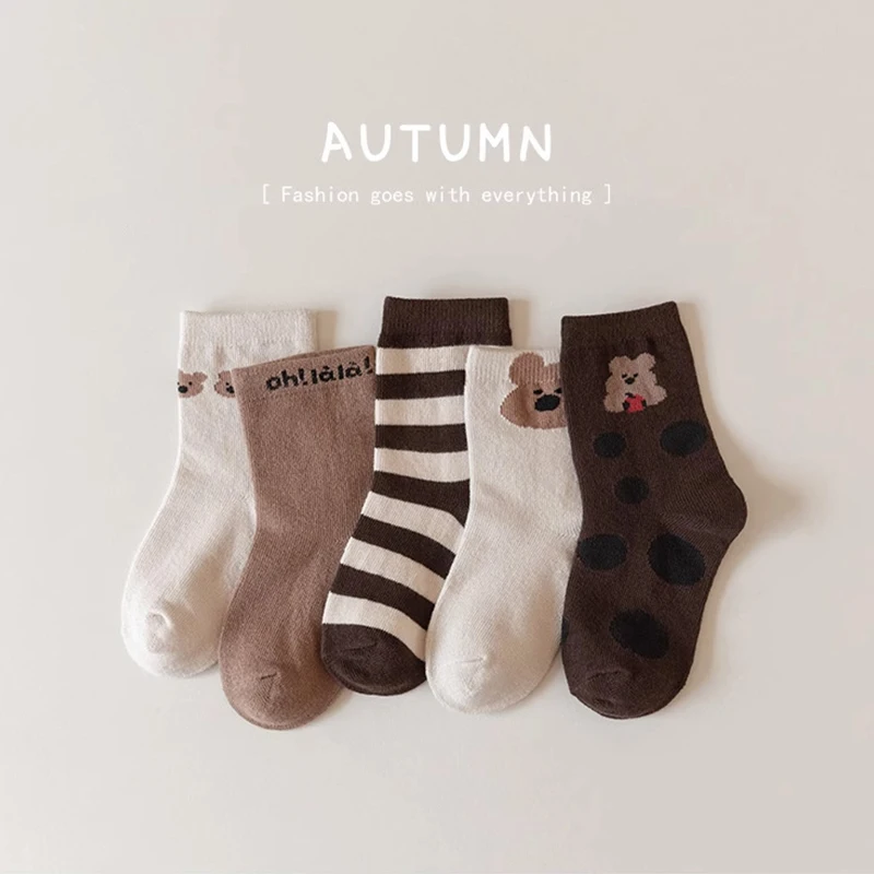 5Pairs Cute Bear Socks For Kids Autumn Winter Warm Cotton Sock 2-8year Boys Girls Baby Middle Tute Socks Soft Children Footwear