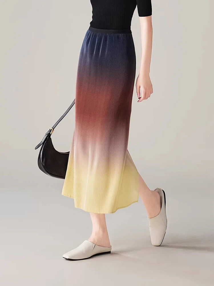 Women's Summer Gradient Skirt Pleated Gradient Skirt New Summer High-end Contrast Color Elastic Waist Faldas Female SK104