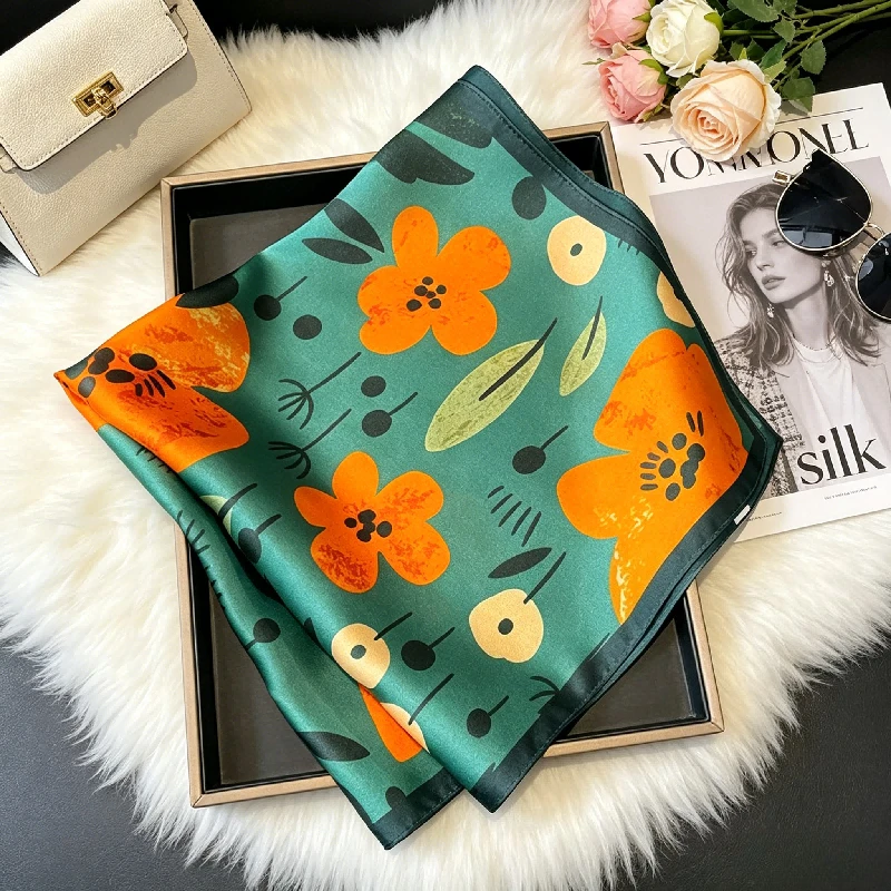 Japanese Spring and Summer Pastoral Style Flower Mulberry Silk Women's Commuting Small Square Scarf Neckband Bag Silk Scarf