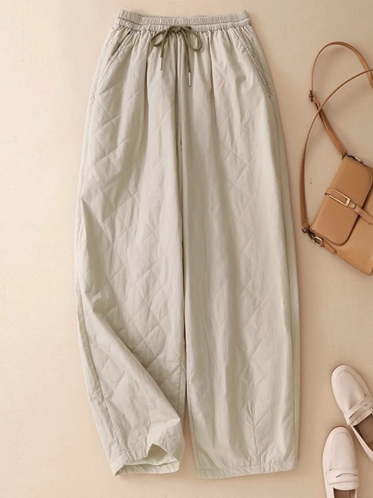 Japanese style lazy cotton padded warm wide leg cotton pants women winter drawstring tied elastic waistband casual pants
