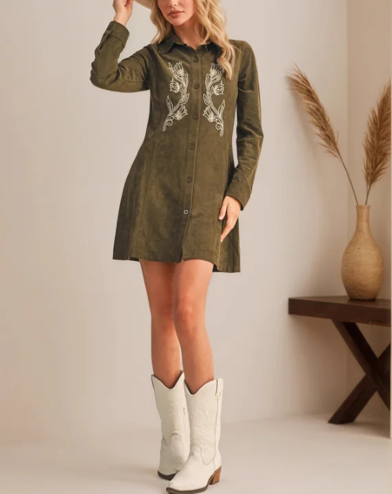 

Autumn and Winter Notch Lapel Single Row Multi-Button Embroidered Suede Long Sleeve Shirt (Medium Length)