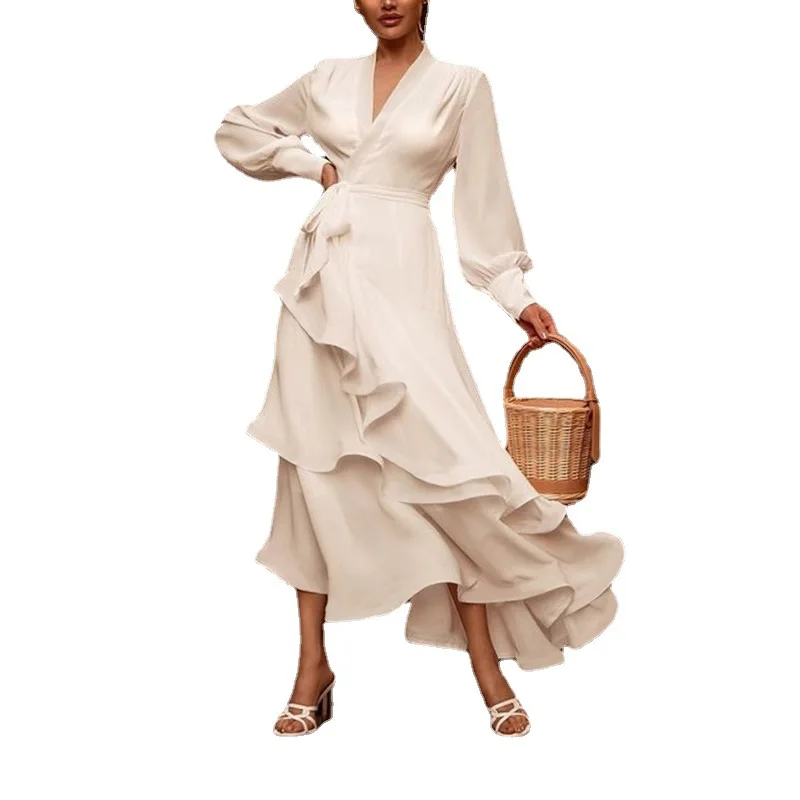 Elegant White Dresses For Women V Neck Long Sleeve High Waist Irregular Ruffles Maxi Dress Chic Evening Partyclub Spring Autumn