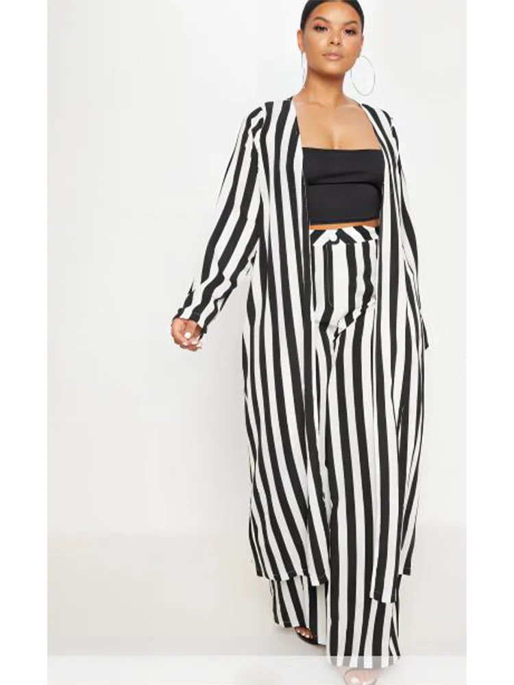 Plus Size Long Sleeve Black White Striped Set African Clothes High Waist Wide Leg Pants Two Piece Set Elegant OL Ladies Clothing