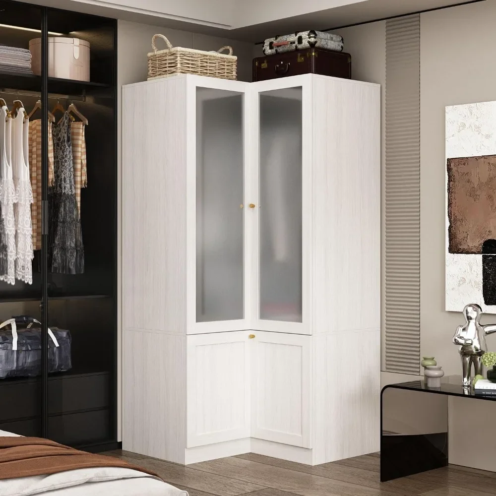 

Corner Wardrobe Closet with 2 Acrylic Doors, with Hanging Rod, for Bedroom Wood Grain, Armoire Wardrobe Closet