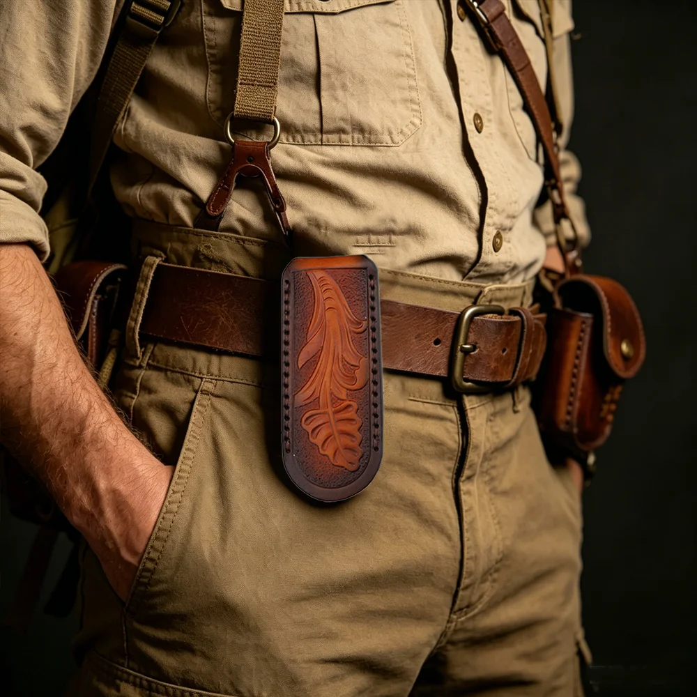 Top Grain Hand‑Carved Real Leather Knife Sheath Portable Protective Pouch for Small Folding Knives view 2