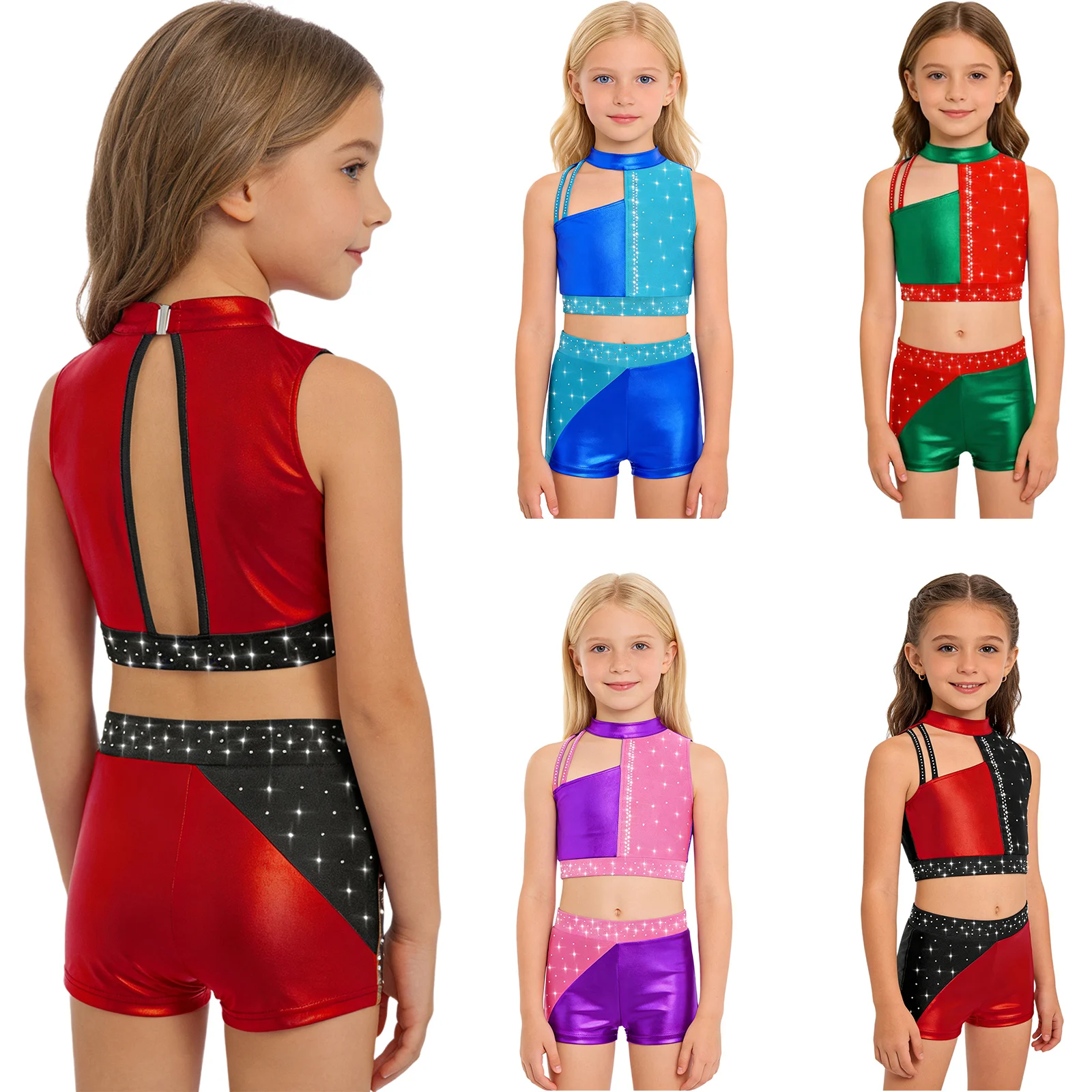 أطفال بنات الجمباز البهلوانية أداء الرقص الزي بلا أكمام لامعة الراين لامع المحاصيل الأعلى مع السراويل مجموعات الرقص #5