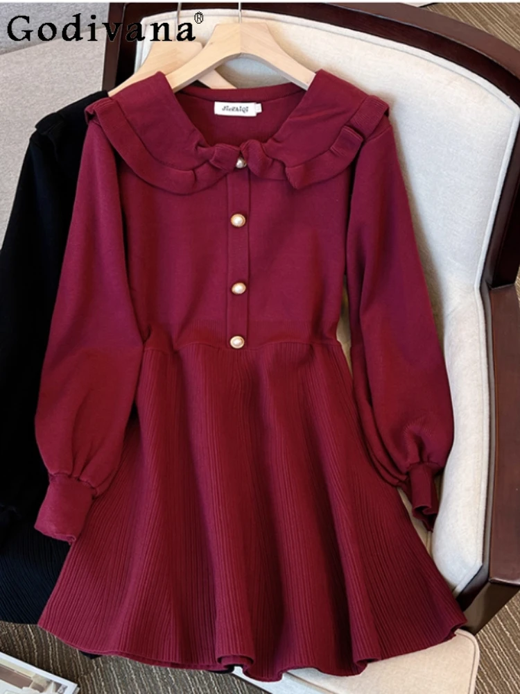 

Large Size Women Autumn Fashion Peter Pan Collar Long Sleeve Dress Sweet Age Reduction High Waist Bottoming Knitted Dresses