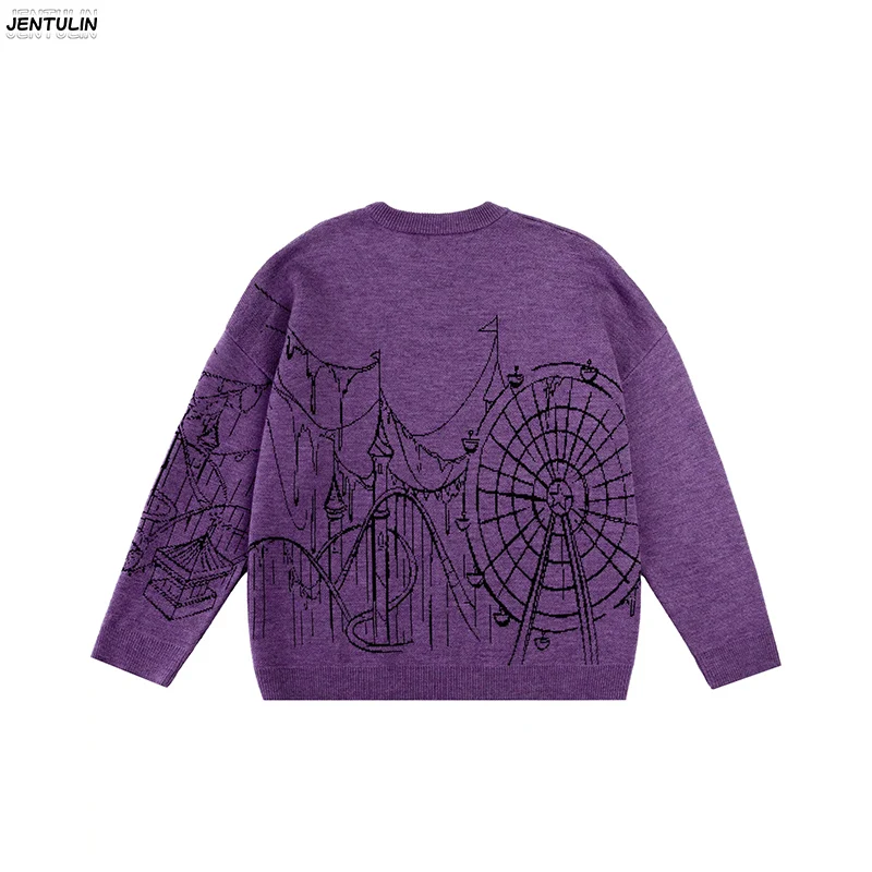 Sweater Rajut Pria Berkualitas Tinggi Musim Gugur Y2k Kerah Bulat Lengan Panjang Model Slim Fit Warna Ungu Motif Grafis Gothic Streetwear Pria