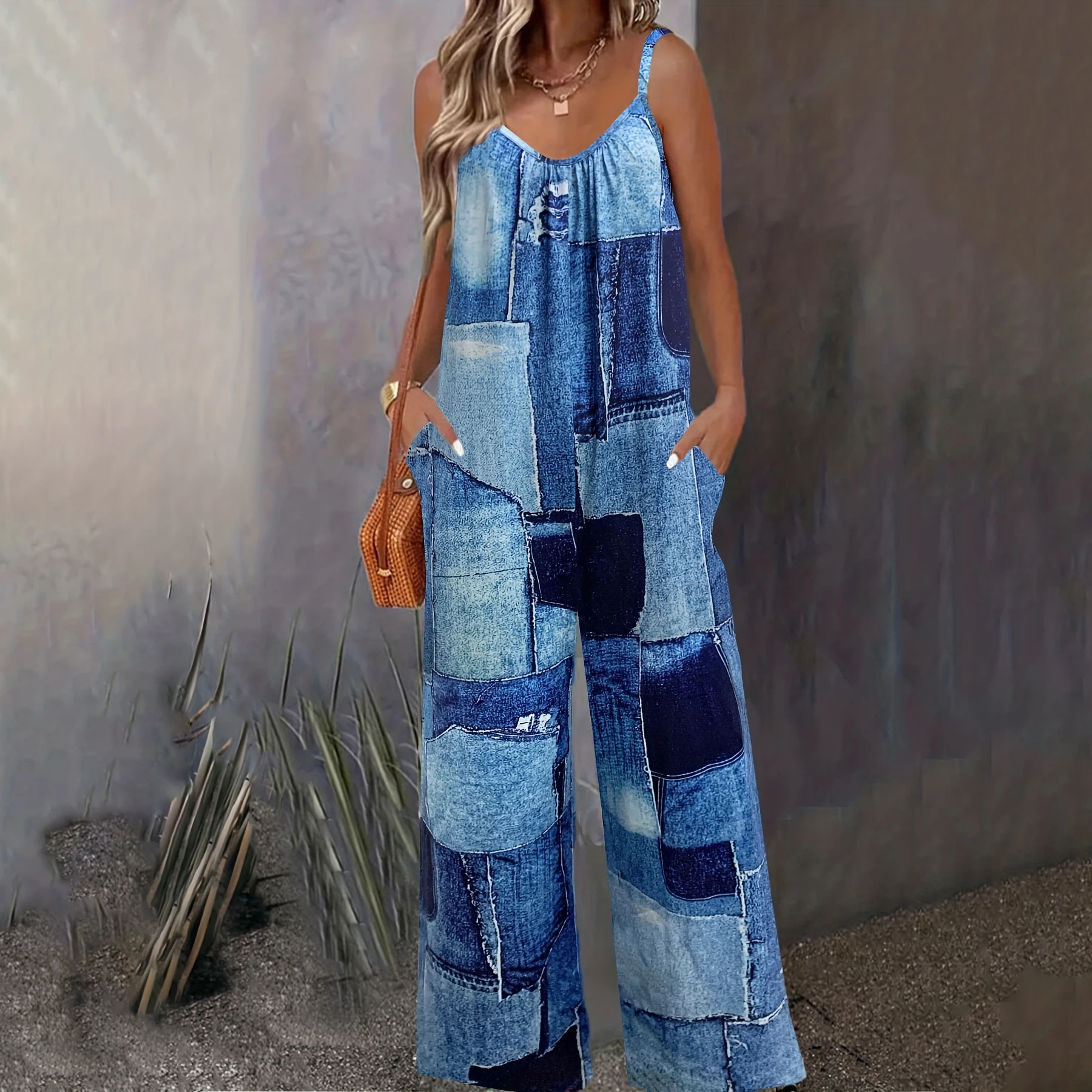 Denim Print Wide Leg Jumpsuit Casual Sleeveless Jumpsuit For Spring & Summer Womens Clothing
