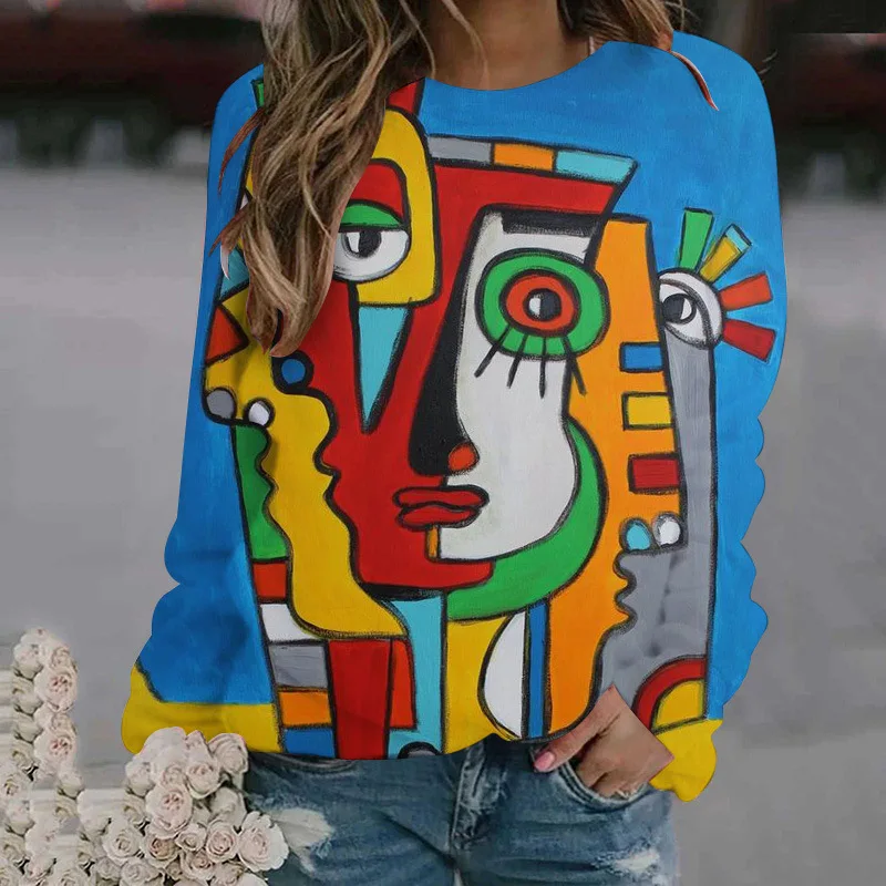 Abstract Face Pattern Sweatshirts Funny 3D Print Hoodies Women Long Sleeve Y2k Hoodie Oversized Pullovers Tops Female Clothing