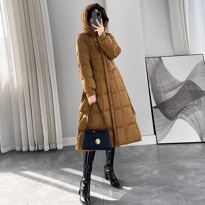 Caramel color Hooded Down Jacket Women 2024 Winter New Fashion Slim Temperament White duck down Coat Female Warm Parkas Overcoat