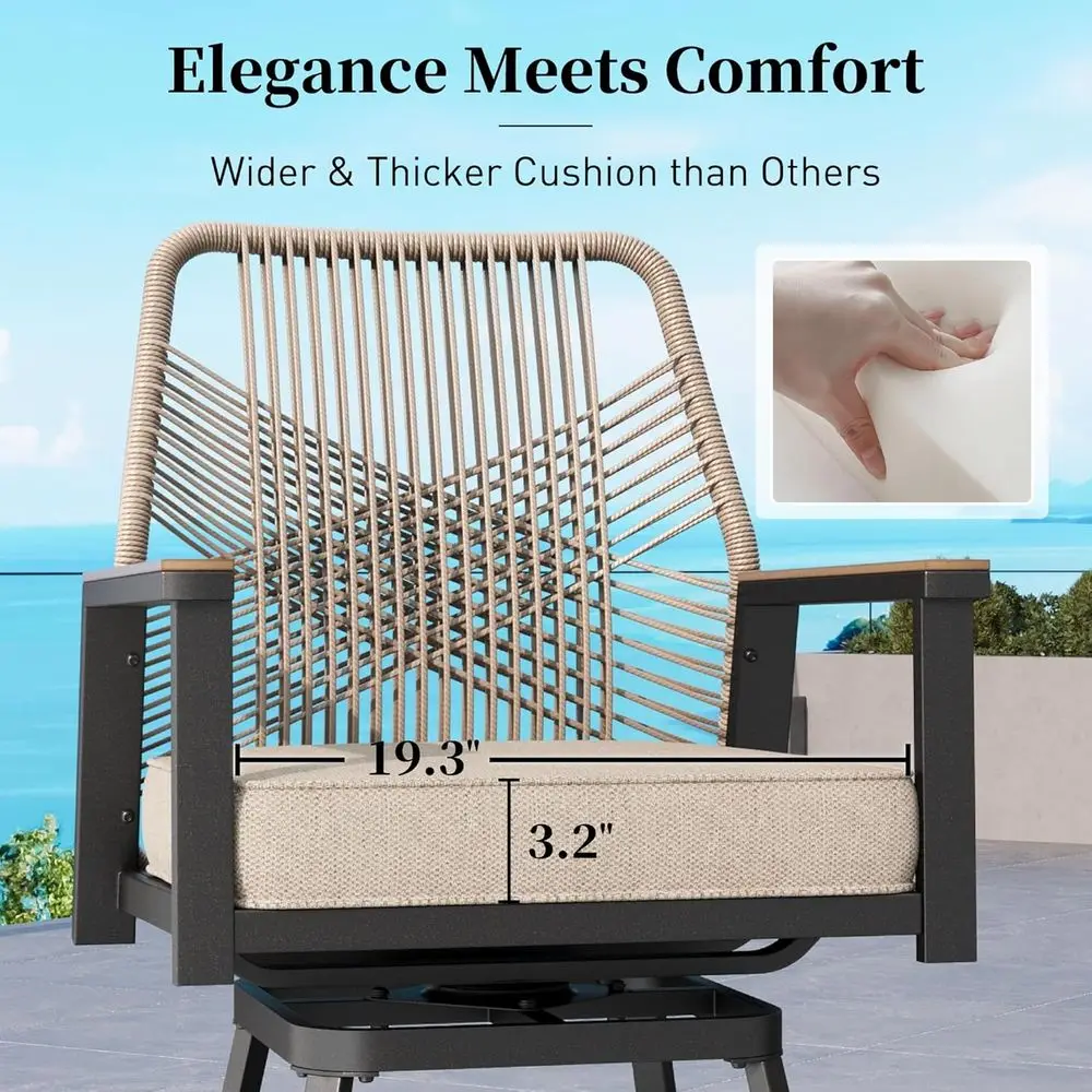 ชุดเก้าอี้บาร์หมุนกลางแจ้ง 2 ตัว เก้าอี้ลานหวายพร้อมเบาะรองนั่ง ทนต่อสภาพอากาศสำหรับระเบียงและสระว่ายน้ำ สีเบจ