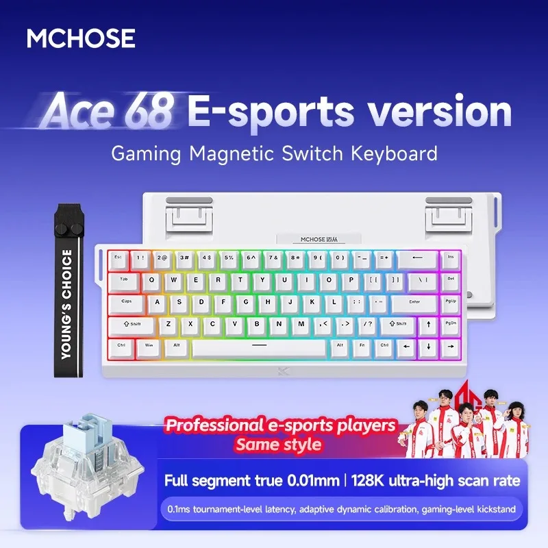 

MCHOSE ACE68 Магнитная клавиатура Проводная механическая ACE68 Pro для игр 0,01 мм RapidTrigg 8000 Гц SOCD/Rs 0,125 мс 128 К Частота дискретизации