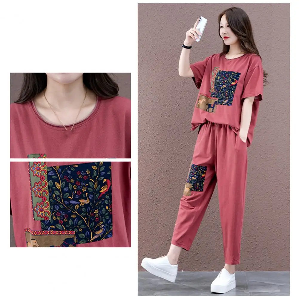 2Pcs/Set Sport Outfit Popular Stretchy Loose Outfit Mid-aged Mother Casual Printing Loose Tracksuit Daily Garment