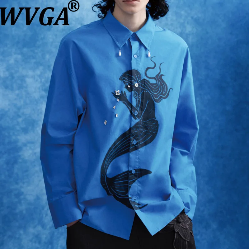 

Мужская рубашка WVGA с длинным рукавом, весна-осень, новая коллекция, с принтом, ручной вышивкой жемчугом, модная, повседневная, нишевая, шикарная, W20290